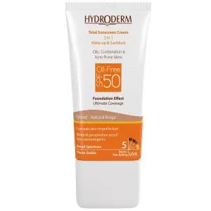 کرم ضد آفتاب هیدرودرم بژ طبیعی مناسب برای پوست چرب و مختلط و مستعد آکنه SPF 50 وزن 40 گرمی