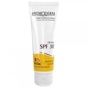 لوسیون ضد آفتاب هیدرودرم مناسب برای پوست چرب و جوش دار SPF30 وزن 75 گرمی